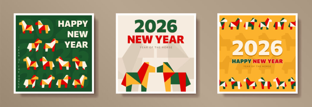 2026 Chinese New Year colorful greeting cards set with bold typography and origami geometric horses in blocks. Flat minimal paper cut posters, banner with cartoon equine for Christmas and CNY holidays