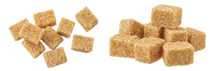 brown sugar cubes isolated on white background. Top view, flat lay