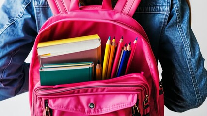 Bright pink backpack loaded with school supplies showcases a student preparing for a new school year in a clean indoor space - Powered by Adobe