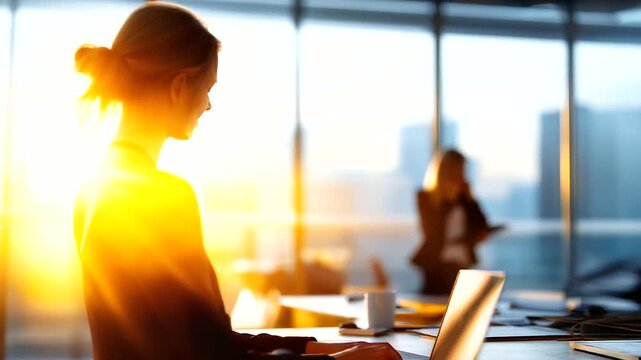 Early-morning office with only one coworker present, catching unusual behaviors of colleagues, soft sunrise light, atmospheric realism, blurred background, with copy space