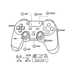 Detailed game controller layout for designers offering jump, attack, interact functions, and movement options for game development and control scheme