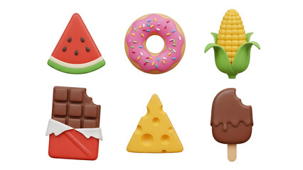 Collection of colorful 3d rendered food icons isolated on transparent background, including watermelon and donut