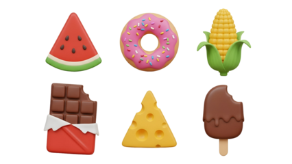 Collection of colorful 3d rendered food icons isolated on transparent background, including watermelon and donut