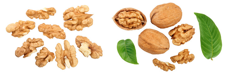 peelled Walnuts isolated on white background. Top view. Flat lay