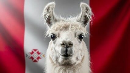 Obraz premium Close-up Portrait of a White Llama with a Peruvian Flag Background, Symbolizing Andean Culture.
