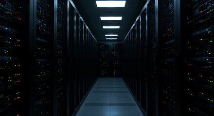 Long dark hallway in a modern data center with illuminated network server racks