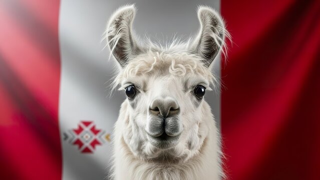 Close-up Portrait of a White Llama with a Peruvian Flag Background, Symbolizing Andean Culture.