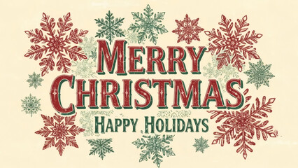 Merry Christmas and Happy Holidays vintage greeting card with festive snowflakes and retro lettering, celebrating winter season and festive cheer