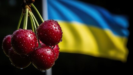 A cluster of ripe cherries glistens with water droplets against the backdrop of the Ukrainian flag.