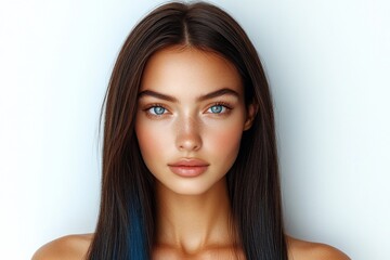 Naklejka premium A beautiful woman with striking blue eyes and long brown hair presents a serene and captivating image. Her direct gaze and calm expression create a sense of tranquility.