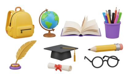 School supplies isolated on transparent background, including backpack, globe, book, pen holder and graduation cap
