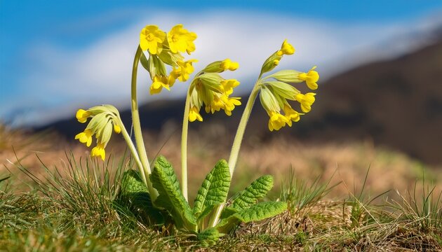 Three Stems With Yellow Flowers Of The Cowslip Primula Veris