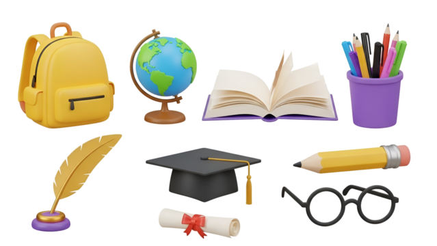 School supplies isolated on transparent background, including backpack, globe, book, pen holder and graduation cap - Powered by Adobe