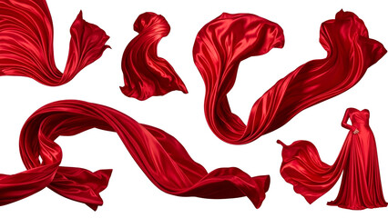 Elegant red silk fabric floating in the air isolated on transparent background, a luxurious and sensual feel