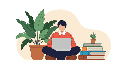 A faceless illustration of a young man sitting cross-legged on the floor studying or working remotely on a laptop with books and a plant.