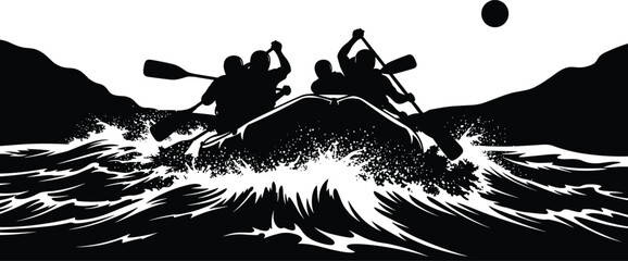 Silhouettes of kayakers paddling through white water rapids kayaking, white water rafting, rapids, river, water, adventure, extreme sports, silhouette, black and white, action, motion, splashing, wave