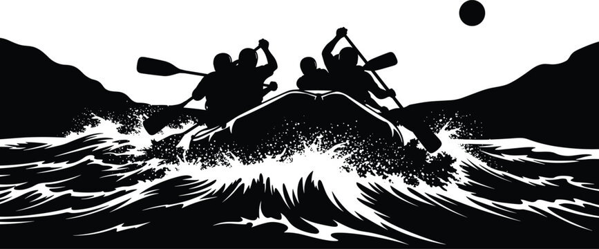 Silhouettes of kayakers paddling through white water rapids kayaking, white water rafting, rapids, river, water, adventure, extreme sports, silhouette, black and white, action, motion, splashing, wave