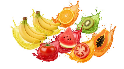 Colorful fruits with splash isolated on transparent background, a vibrant mix of freshness and flavor