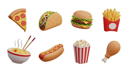Various fast food items isolated on transparent background, including pizza, taco, burger, fries, and more