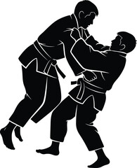 Fototapeta premium Two men grappling in martial arts uniforms judo karate, judo, karate, martial arts, combat, fight, wrestling, grappling, sport, competition, training, exercise, black and white, silhouette, graphic, i