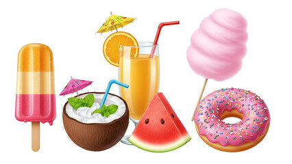 Summer sweets isolated on transparent background, including ice cream, coconut drink, juice, watermelon, donut, and cotton candy