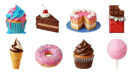 Assortment of colorful desserts isolated on transparent background, including cake, cupcake, donut, and ice cream