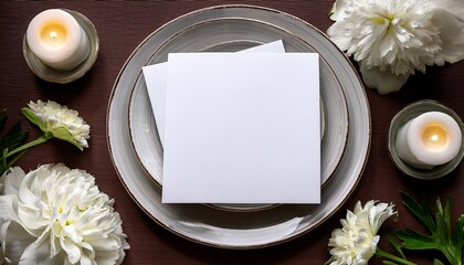 Blank Menu Card Mockup And White Flowers On Plates Top View 4X9 Wedding Stationery Card