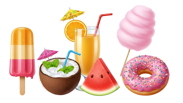Summer sweets isolated on transparent background, including ice cream, coconut drink, juice, watermelon, donut, and cotton candy