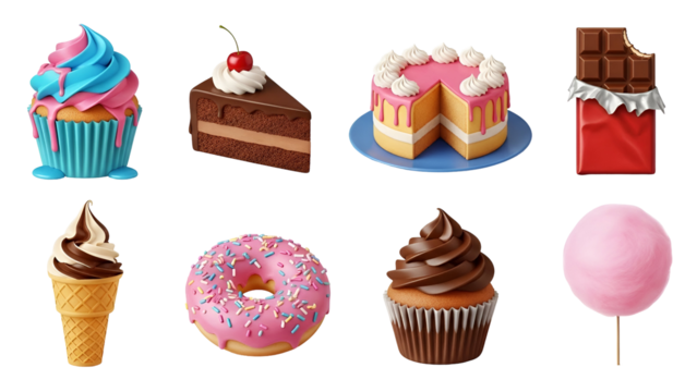 Assortment of colorful desserts isolated on transparent background, including cake, cupcake, donut, and ice cream