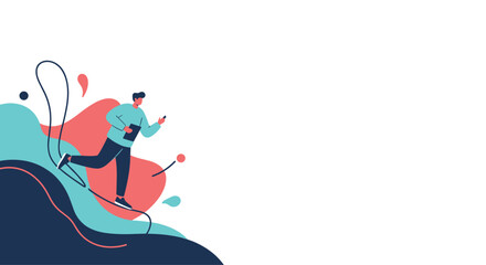 A modern flat design illustration of a man running with a phone and a clipboard against abstract shapes for a business presentation background.
