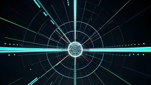 Abstract digital tunnel with bright neon lights and geometric patterns, representing speed, technology, and futurism