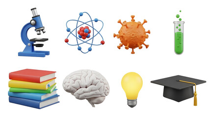 Science and education concept isolated on transparent background microscope, atom, virus, test tube, books, brain
