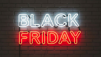 Obraz premium Black friday neon sign glowing on brick wall, seasonal shopping sale