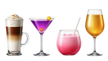 Four colorful cocktails isolated on transparent background latte, purple martini, pink smoothie, and wine glass