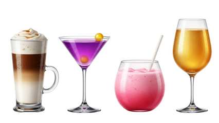 Four colorful cocktails isolated on transparent background latte, purple martini, pink smoothie, and wine glass
