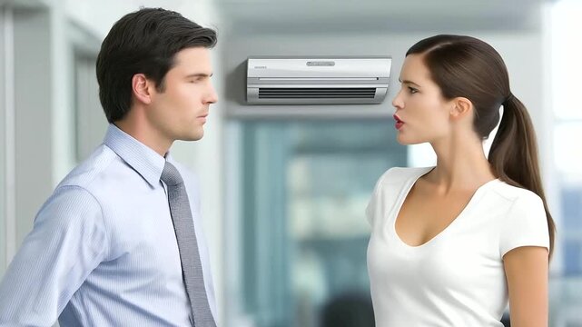 Two factions battling over thermostat settings, cold vs warm lighting zones, humorous tension, corporate realism, expressive faces, blurred background, with copy space