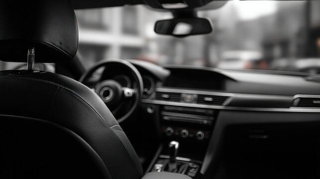 Clean Black Desk With Blurred Car Interior Leather Background Showcases Automotive Accessories on Display