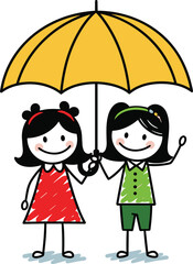 Cute doodle-style girls standing together under a yellow umbrella, smiling happily in a simple hand-drawn children’s illustration perfect for educational designs