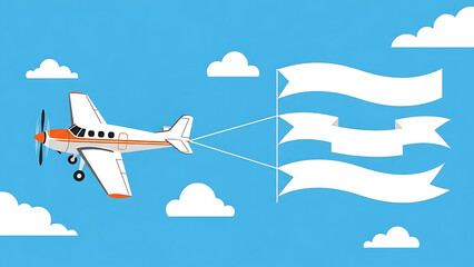 Propeller plane flying pulling three blank white banners in sky
