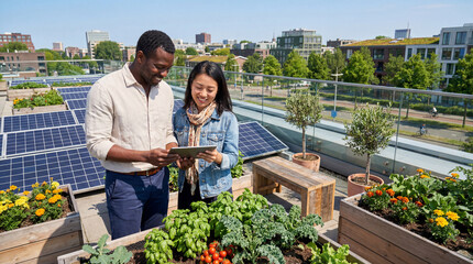 A man and a woman look at a tablet on a rooftop garden with solar panels and raised garden beds. They are surrounded by plants and flowers, with the cityscape in the background.
