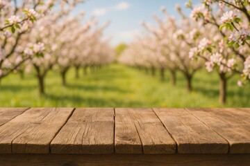 Blooming orchard view with wooden table and vibrant flowers in springtime