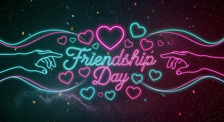 Friendship Day Celebration: Neon Hearts, Reaching Hands, and Starry Confetti Honoring Love, Connection, and Togetherness