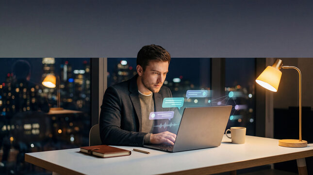 A man is working on his laptop in his home office at night. Chat bubbles and voice commands float above his keyboard as city lights shine through the window behind him. - Powered by Adobe