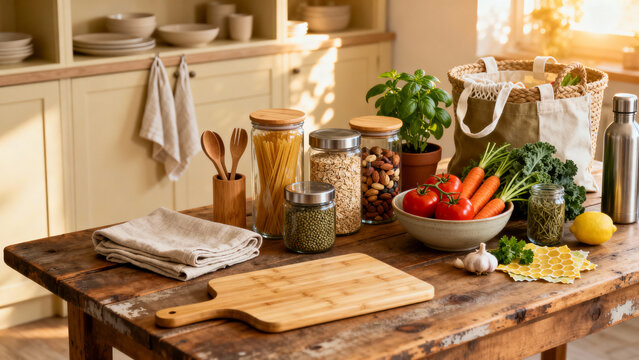 A rustic wooden table in a bright kitchen showcases jars of spaghetti, oats, and nuts alongside a bowl of tomatoes and carrots. Herbs, spices, and a tote bag complete the scene.