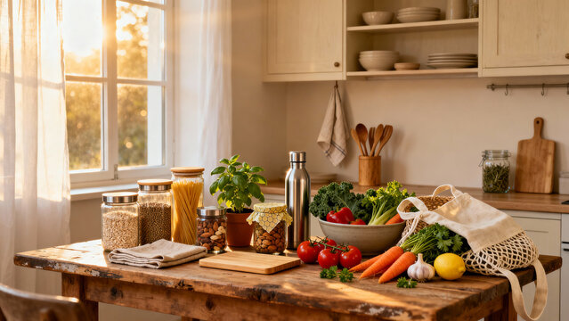 A wooden kitchen table is covered with fresh produce in a reusable bag, jars of grains, and a basil plant. Sunlight streams through a window near the table. - Powered by Adobe