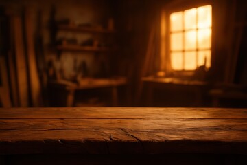 Warm light glows in a rustic workshop filled with tools and wooden textures
