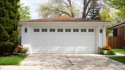 A well maintained garage with a white door sits in a sunny neighborhood surrounded by vibrant flowers and lush greenery.