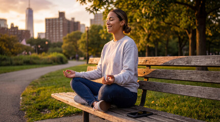 Fototapeta premium Serene afternoon in Brooklyn Bridge Park finds woman meditating on a park bench