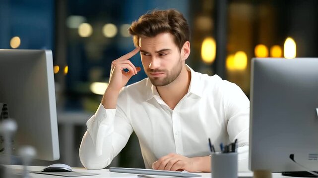 An employee trying to resign but constantly interrupted by new urgent tasks, stressed expression, glowing monitors, corporate realism, blurred background, with copy space
