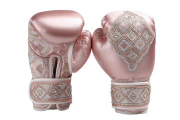 Elegant pink boxing gloves embellished with intricate beadwork sparkle with feminine power and strength, perfect for fitness and empowerment campaigns